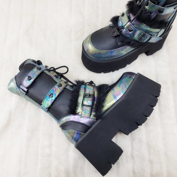 Ash Goth Punk Furry Mid Calf Platform Boots - Picture 3 of 15